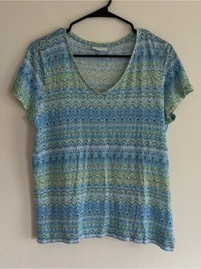 J Jill Love Linen V-Neck Top - Blue & Green Pattern